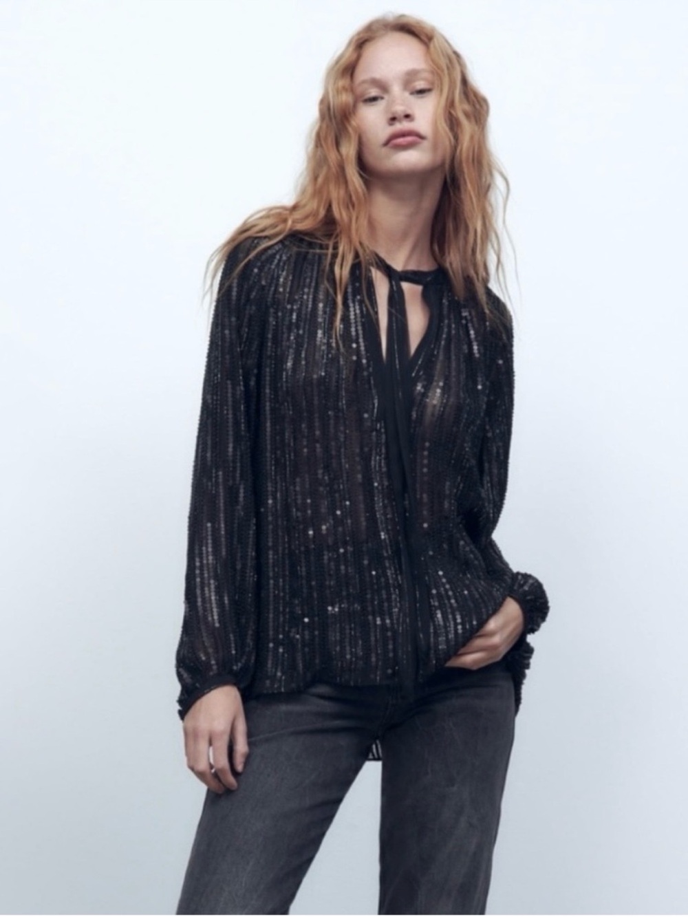 Black beaded, sequin, metallic boho Tie-Neck Long-Sleeve zara Top